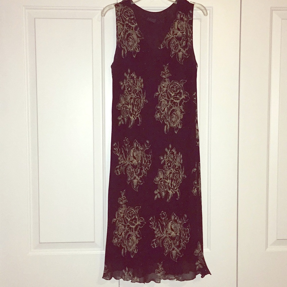 Black dress with sheer/gold flower overlay